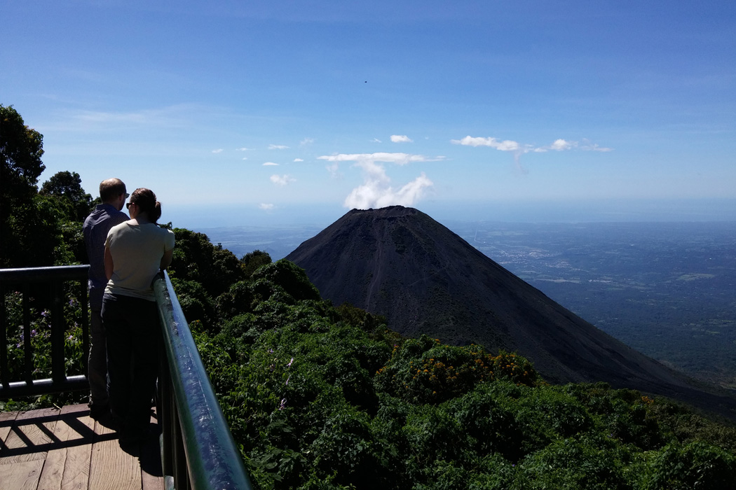 Overlooking the crater of Izalco Volcano and Pacific Ocean in the back.
